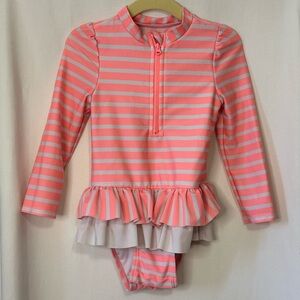 Cat & Jack Girls Striped Kids Swimwear long sleeve with ruffles.